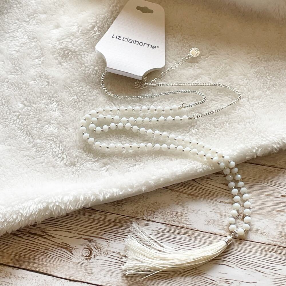 Liz Claiborne Beaded Long Strand Necklace White Silver Tassel Pendant New